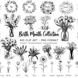 Lot de fleurs SVG de mois de naissance | 440 dessins à l'aquarelle png| Ensemble de cliparts floraux pour Cricut, cadeaux et travaux manuels