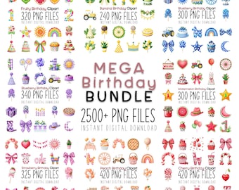 Peut inclure: Un ensemble de téléchargement numérique avec des cliparts sur le thème des anniversaires. La collection comprend des images de fruits, de gâteaux, de nœuds et d'autres éléments festifs. Le texte indique "MEGA Birthday Bundle" avec plus de 2500 fichiers PNG.