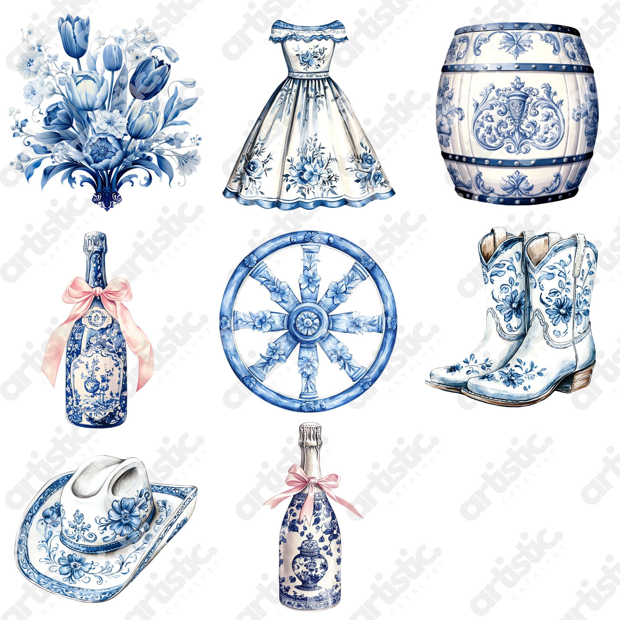 Delft Blue Clipart Bundle – 26 Watercolor Pngs, Cowgirl, Floral Boots ...