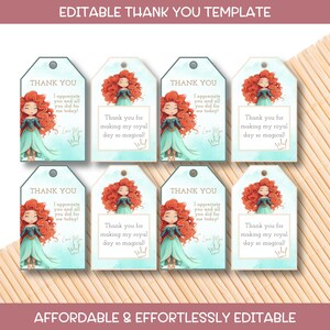 Etiquetas de agradecimiento de cumpleaños editables: impresión imprimible para tarjetas de agradecimiento de cumpleaños personalizables con una linda decoración de princesa guerrera Editar en Canva