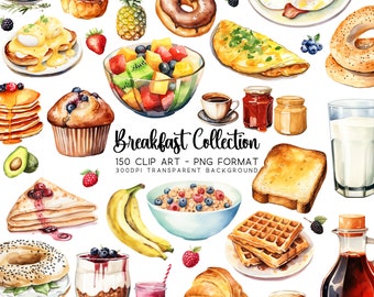 Ensemble de cliparts petit-déjeuner aquarelle : café, thé, bacon (PNG/JPG)