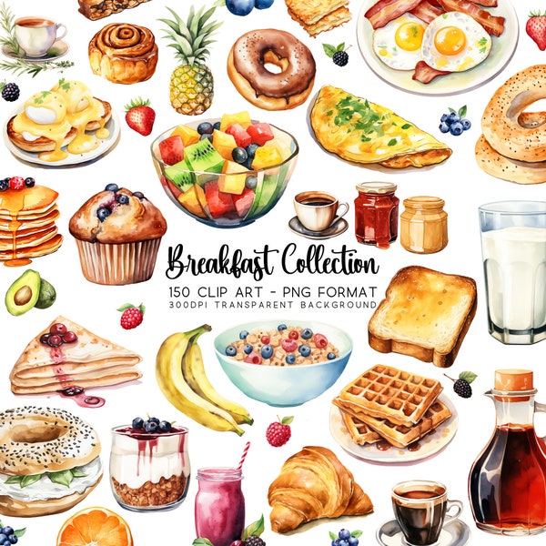 Breakfast Clipart, Menu Bundle Clipart Set, 150 Watercolour PNG/JPG, Coffee Tea Clipart & Bacon Graphics, Printable Planner Graphics