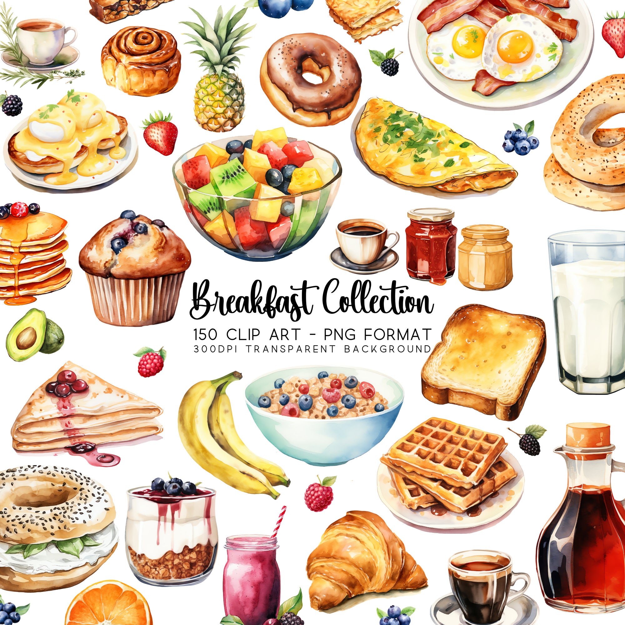Ontbijt clipart menubundel clipart set, 150 aquarel png/jpg, koffie thee clipart & bacon-graphics, afdrukbare planner graphics