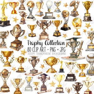 Lot de cliparts PNG trophée, impressions aquarelles de récompenses et de trophées, parfaits pour les projets de bricolage et les cadeaux de fin d'études