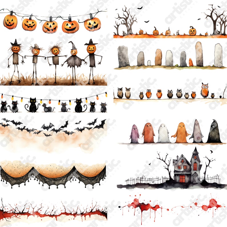 Halloween clipart bundle featuring ghosts, bats, and pumpkins for seasonal decorations.