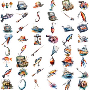 Fishing Clipart PNG Files | Transparent Background, High Resolution Graphics. A collage of fishing clipart images showcasing fishing rods, reels, boats, fish, and other fishing-related elements. Perfect for adding a touch of artistry to your designs.