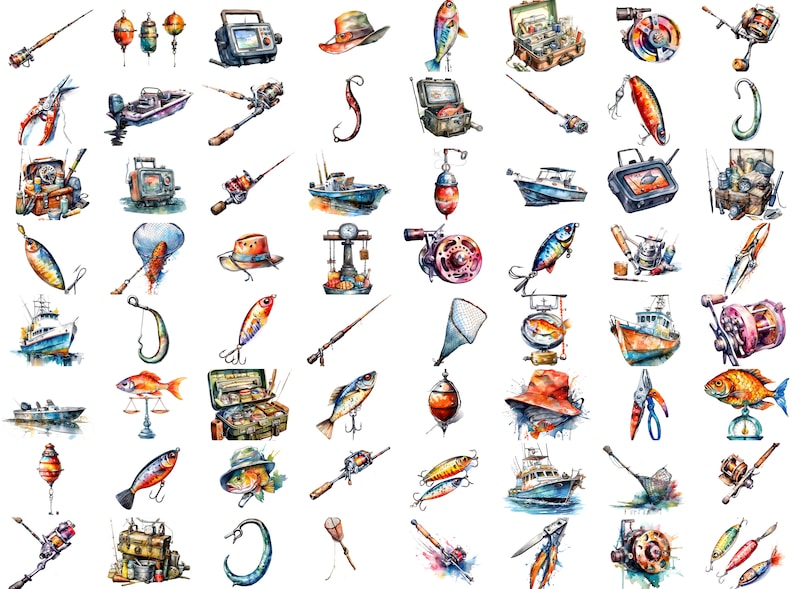 Fishing Clipart PNG Files | Transparent Background, High Resolution Graphics. A collage of fishing clipart images showcasing fishing rods, reels, boats, fish, and other fishing-related elements. Perfect for adding a touch of artistry to your designs.