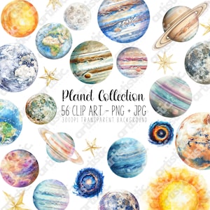 Clipartcollectie planeet, aquarel zonnestelsel en ruimte PNG, cadeau voor peuterjongen, decor kinderkamer, Galaxy-print, digitale download