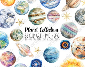 Watercolor Planet Clipart: Solar System PNG Graphics (Digital Download)