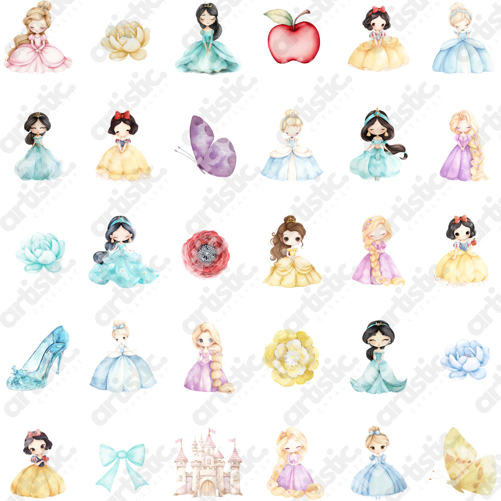 Princess Clipart Watercolor Bundle: 133 PNG Digital Designs - Etsy