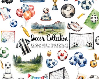 Soccer Clipart: Watercolor Sports Graphics (PNG Transparent Files)