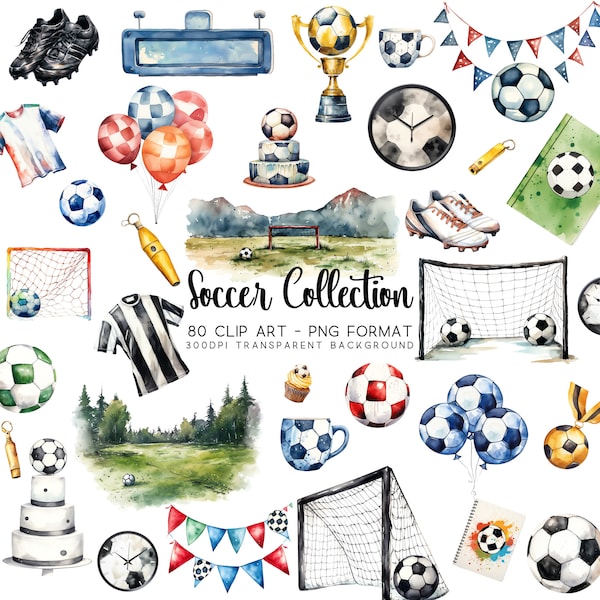 Soccer Clipart: Watercolor Sports Graphics (PNG Transparent Files)