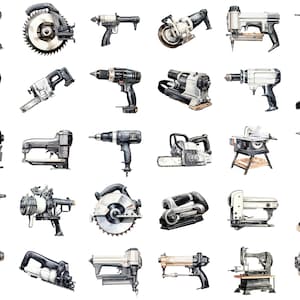 Power tools spaced out evenly on a white background showcasing the different images in a single row horizontally and vertically aligned to showcase the entire clipart piece
