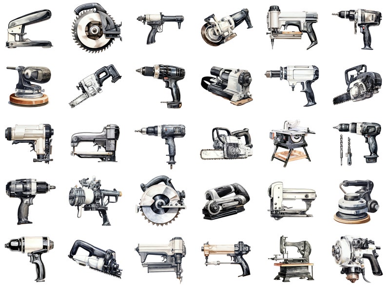 Power tools spaced out evenly on a white background showcasing the different images in a single row horizontally and vertically aligned to showcase the entire clipart piece
