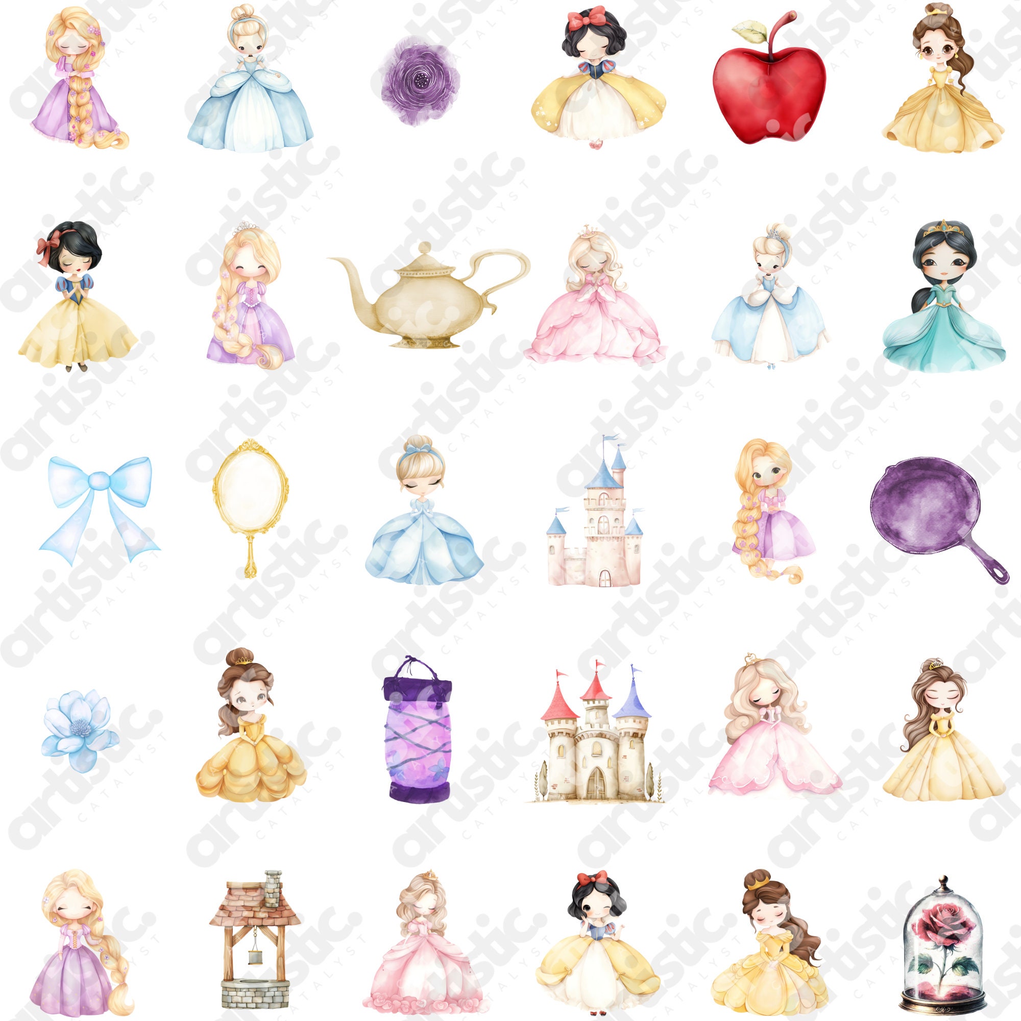 Princess Clipart Watercolor Bundle: 133 PNG Digital Designs - Etsy