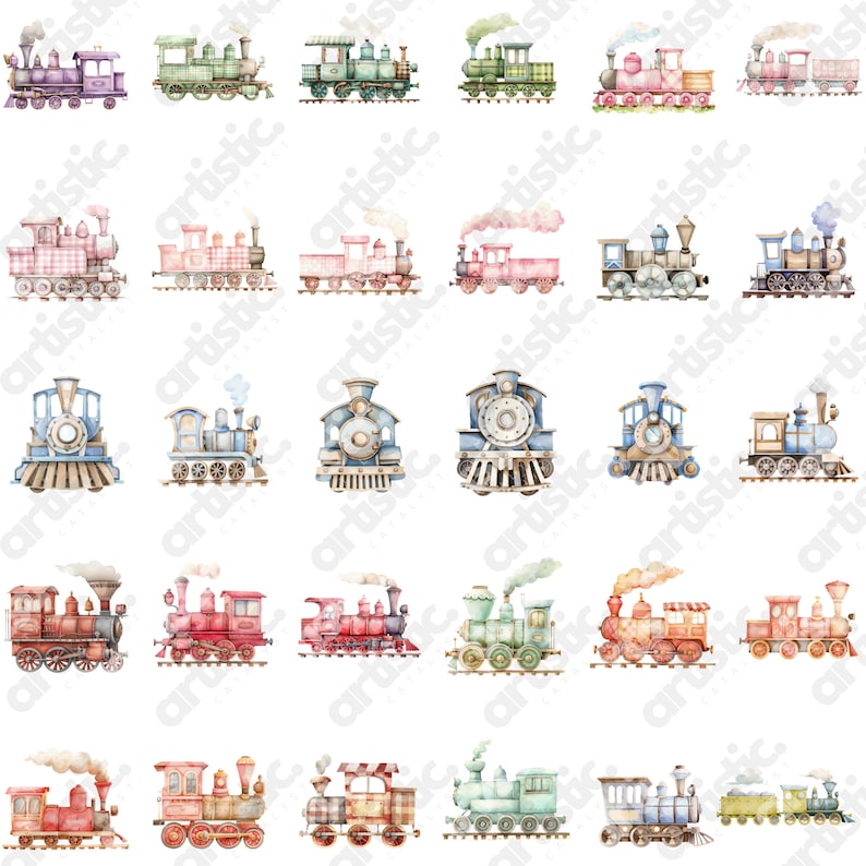 Conductor hat clipart alongside various train illustrations in a vibrant multi color bundle