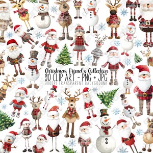 Weihnachtsfiguren Clipart - Weihnachtsmann, Rentier, Schneemann, Winterfreunde PNG - Digitaler Feiertagskunst für Handwerk & Scrapbooking
