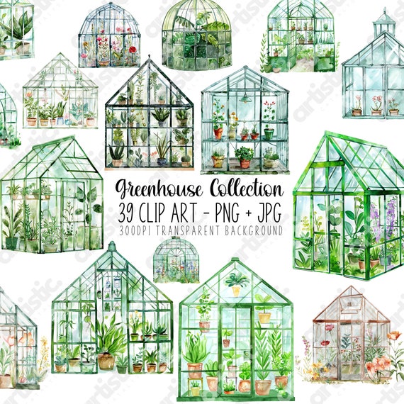 Watercolor Greenhouse Clipart: Plant PNG Bundle (Digital Download)