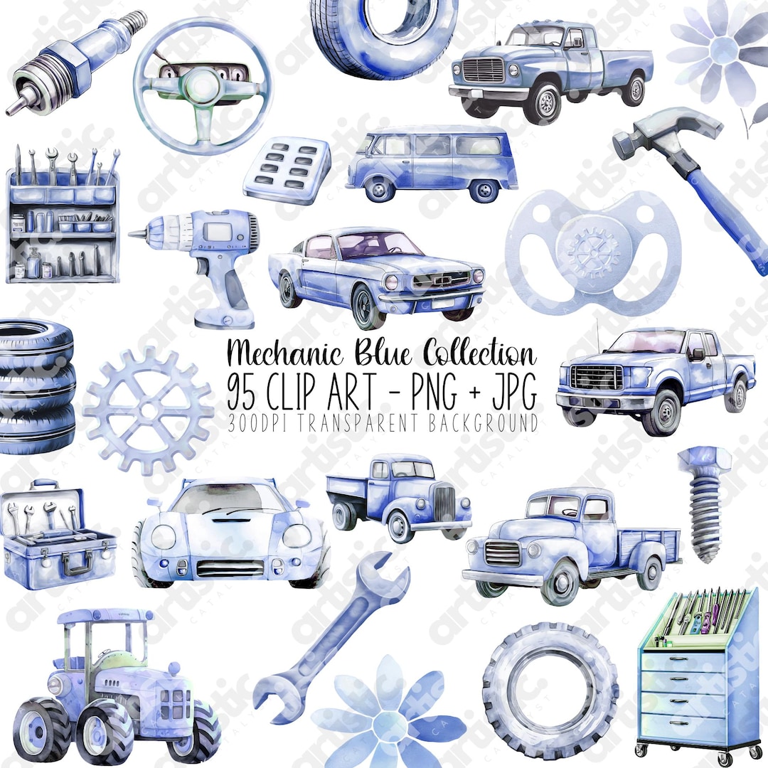Watercolor Mechanic Baby Shower Clipart: Blue Auto Tools (95 PNG) - Etsy, image size:1080x1080