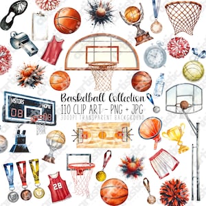 Paquete de imágenes prediseñadas de baloncesto: impresiones digitales - Imágenes prediseñadas digitales de acuarela para sublimación de camisetas, regalos para fanáticos del deporte, decoración para el día del juego, PNG y JPG