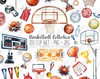 Basketball Clipart Bundle Digital Prints - Watercolor Digital Clipart for Tshirt Sublimation, Sports Fan Gifts, Game Day Decor, PNG & JPG
