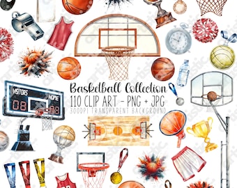 Aquarel basketbal clipartbundel: sportfan, png en jpg (110 afbeeldingen)