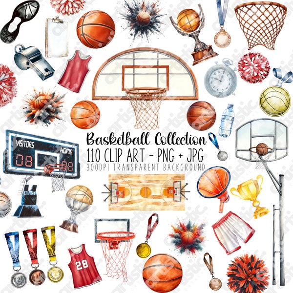Basketball Clipart Bundle Digital Prints - Watercolor Digital Clipart for Tshirt Sublimation, Sports Fan Gifts, Game Day Decor, PNG & JPG