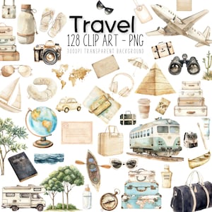 Clipart voyage | 128 images Boho PNG aquarelles, avions, bateaux et bagages vintage, parfaits pour les agendas et le scrapbooking, Boho Digital