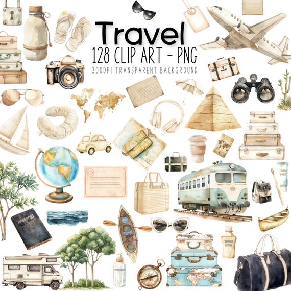 Travel Clipart Watercolor Bundle: 126 Boho PNG Images (Digital Download)