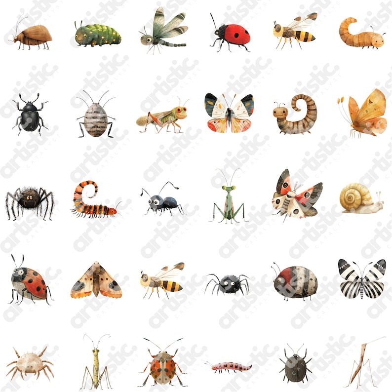 Garden animals clipart featuring grasshoppers and bugs, watercolor style with transparent background.