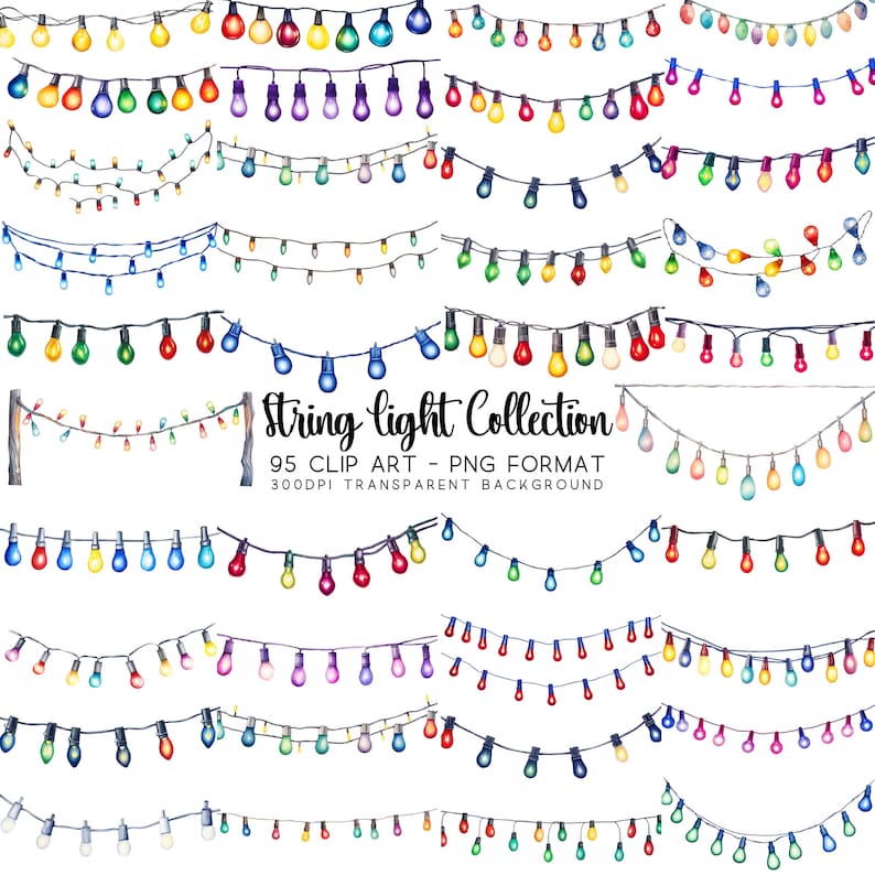 Christmas Lights PNG collage on white, showcasing clipart of Xmas Lights and String Light elements
