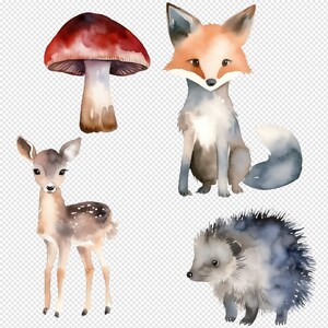 Woodland Clipart and Tree Clip art elegantly displayed on a gray checkered transparent background, highlighting Animal image Cricut design elements.