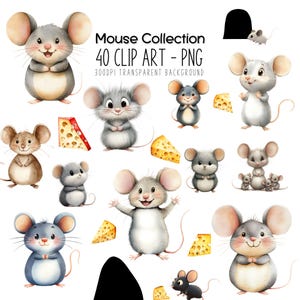 Bundle de cliparts souris - aquarelles, souris de bébé, fromage, art numérique imprimable pour autocollants DIY et thèmes d'anniversaire
