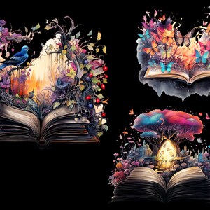 An array of story books themed clipart images arranged aesthetically on a Black background, showcasing the rich, vibrant colors and unique design elements