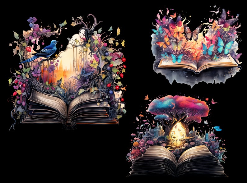 An array of story books themed clipart images arranged aesthetically on a Black background, showcasing the rich, vibrant colors and unique design elements