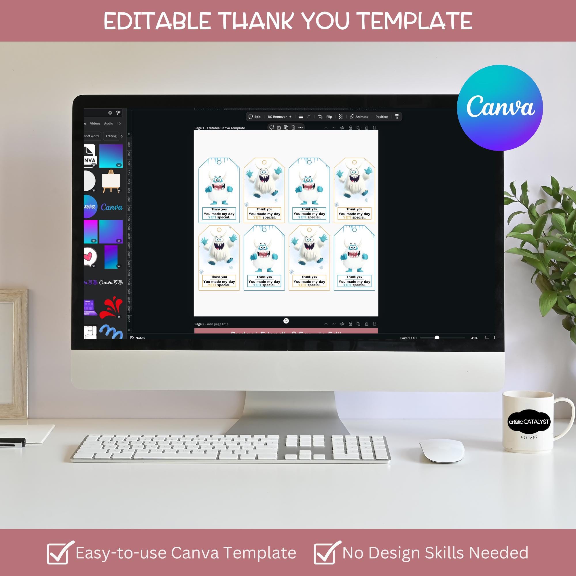 Yeti Birthday Thank You Tags: Chibi Monster Favor Stickers (canva Edit ...