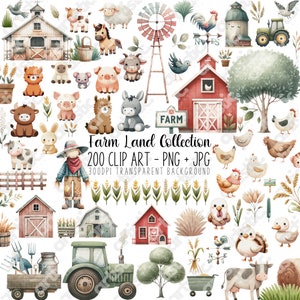 Vibrant Farm Clipart Collection: Assorted Alpaca, Tractor, Barn PNGs on White Background for Creative Personalized Gifts and Party Invitations