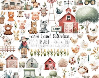 Barnyard Animals Watercolor Clipart Bundle: 200 Farm PNG Images (Digital Download)