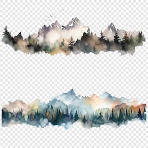 Mountain Clipart Borders PNG JPG Bundle, Watercolor Digital Scrapbooking Elements, Transparent Background, DIY Sublimation Art, Nature