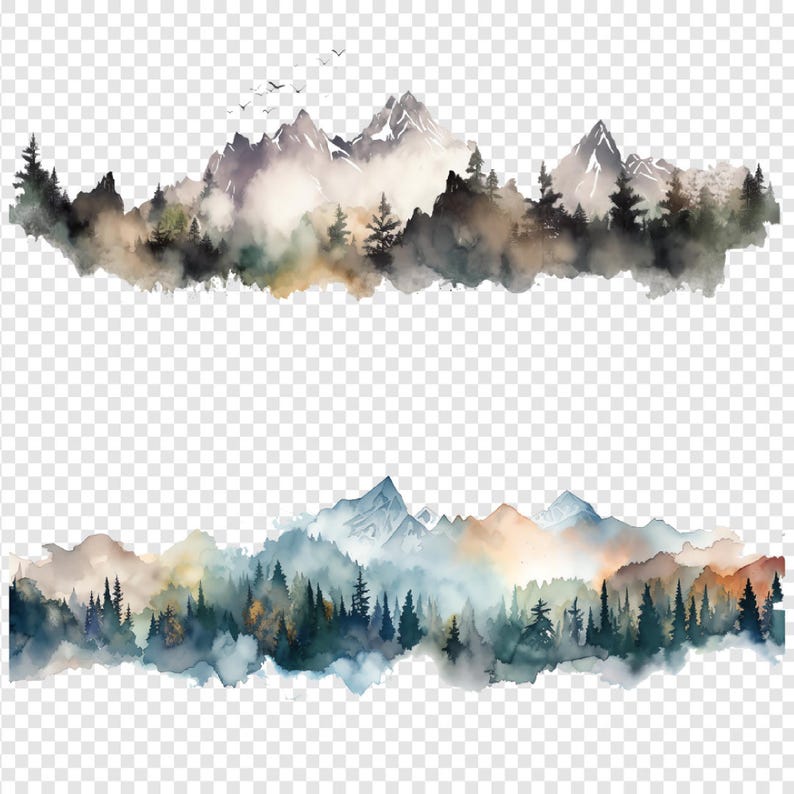 Mountain Clipart Borders PNG JPG Bundle, Watercolor Digital Scrapbooking Elements, Transparent Background, DIY Sublimation Art, Nature