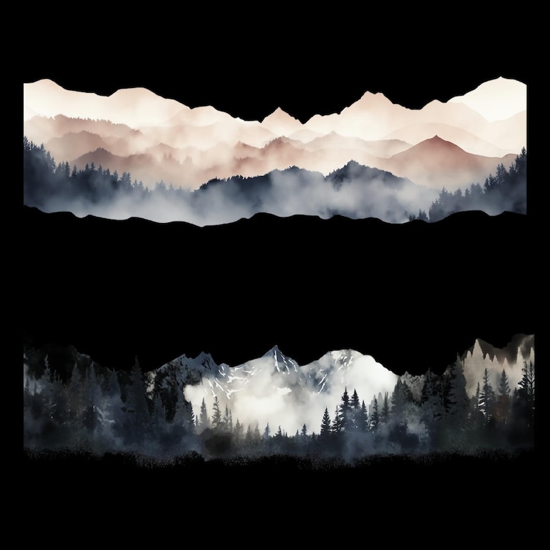 Mountain Clipart Borders PNG JPG Bundle, Watercolor Digital Scrapbooking Elements, Transparent Background, DIY Sublimation Art, Nature