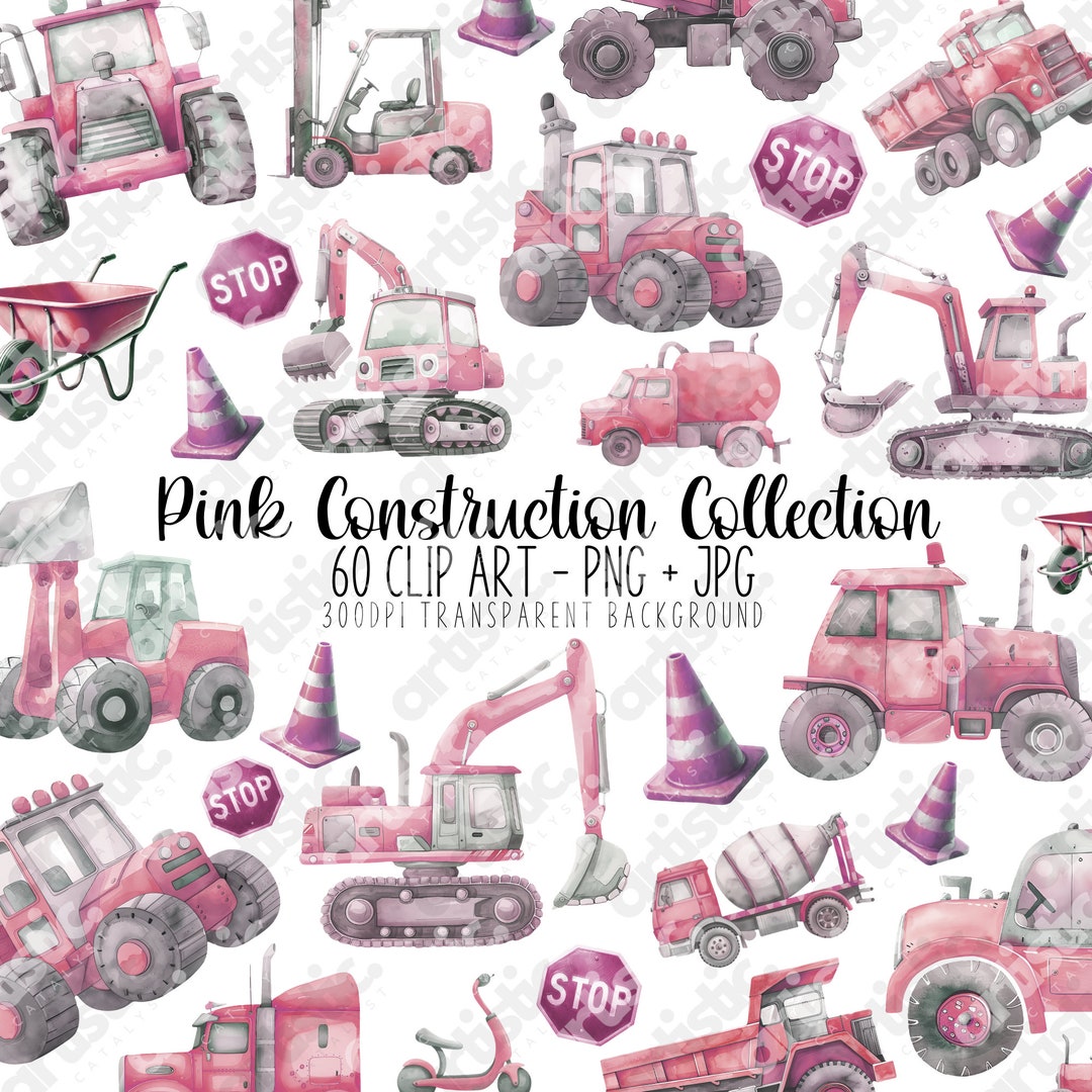 Pink Diggers Vector Pink Tractor Clipart and Construction Vehicles for Girls – Digger ...