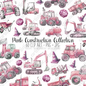 Roze tractor-clipart en bouwvoertuigen voor meisjes – ontwerpen voor graafmachines, vrachtwagens en verjaardagsfeestjes