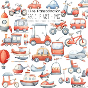 Transportmittel, Clip Art Bundle. Aquarell - 260 Kinderkinderwagen PNG für TPT Verkäufer, Lehrer, Eltern, Sublimation und POD