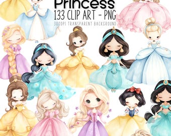 Princess Clipart Watercolor Bundle: 133 PNG Digital Designs