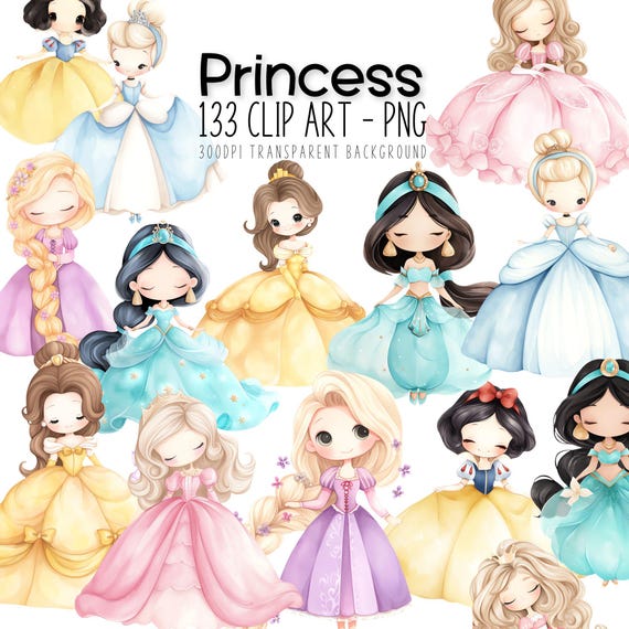 Princess Clipart Watercolor Bundle: 133 PNG Digital Designs