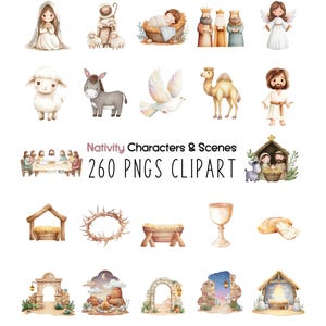 May include: Watercolor clipart set featuring Nativity characters and scenes. Includes illustrations of Mary, Joseph, baby Jesus, the Three Wise Men, an angel, a lamb, a donkey, a dove, a camel, and Jesus. The text reads "Nativity Characters & Scenes 260 PNGS CLIPART."