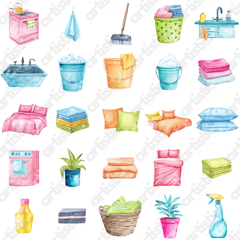 Housekeeping art maid gloves with recycling bin watercolor PNG