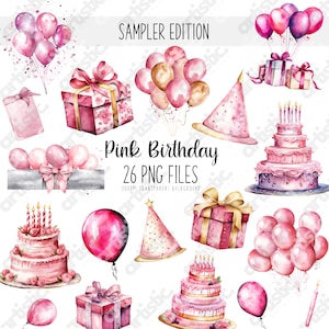 Pink Birthday Clipart Bundle - Watercolor Digital Illustrations - Pink Balloons, Birthday Banner, Party Clipart PNG - Baby Shower