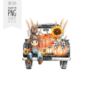 Autumn Fall Truck Clipart PNG for Shirt – Vintage Truck with Scarecrow, Pumpkins, Sunflowers – Fall Florals Sublimation Graphic